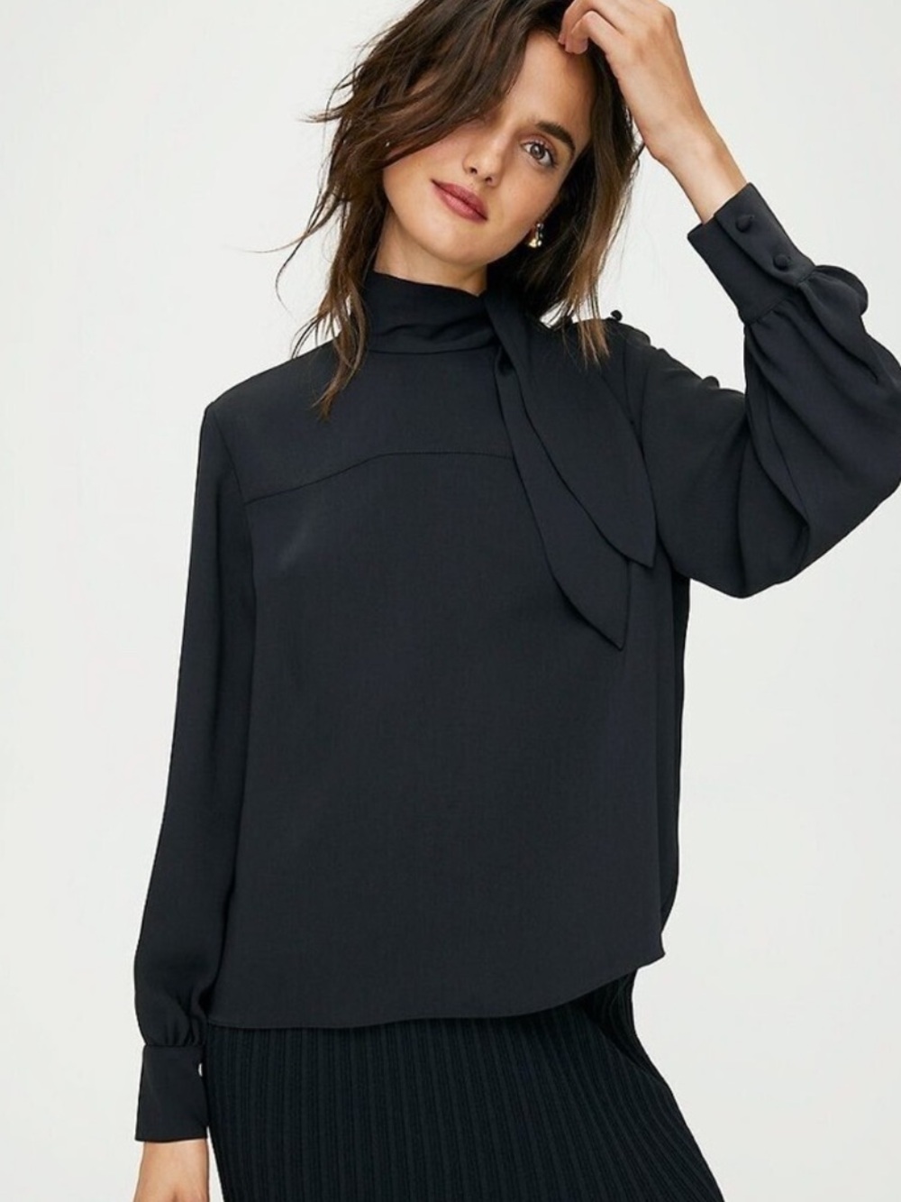 Aritzia Trapeze Black Tie-Neck Long Sleeve Women's Top